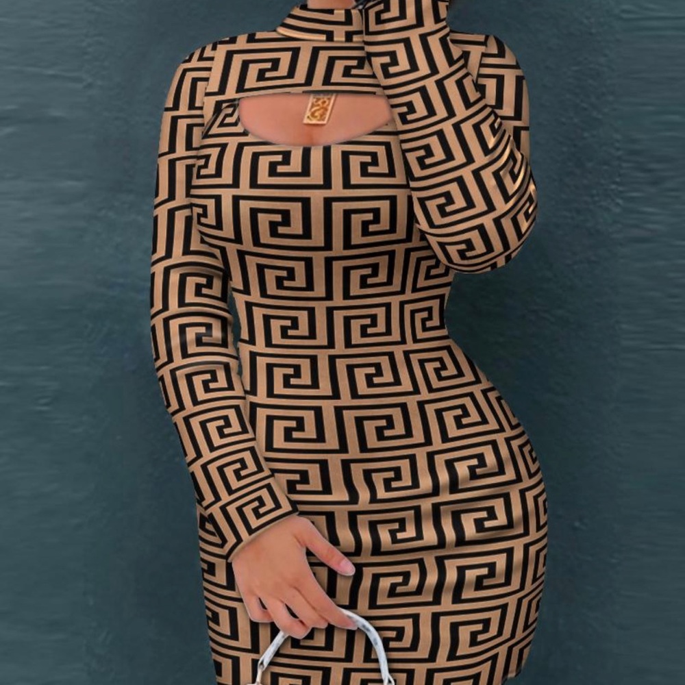 Geometric Print Cutout Long Sleeve Bodycon Dress